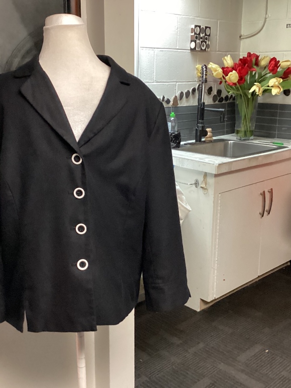 Dress barn, blazer black with white button size 14